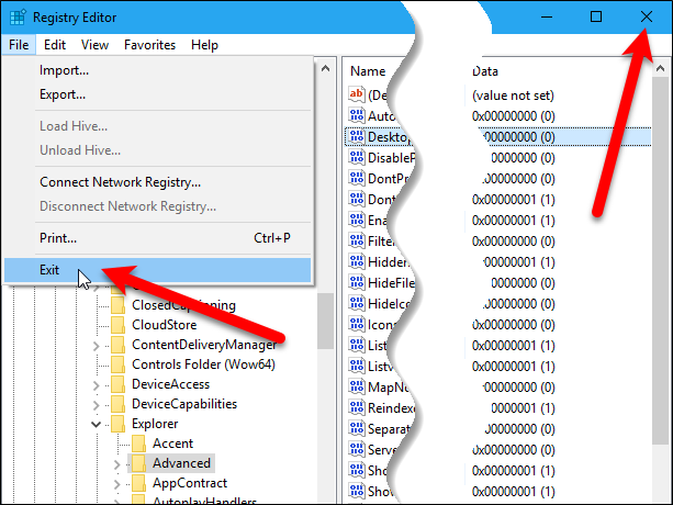 Закрытие редактора реестра