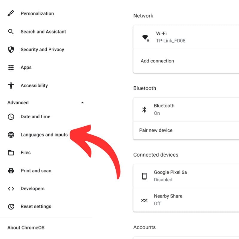 Пункт меню Языки и ввод в настройках ChromeOS