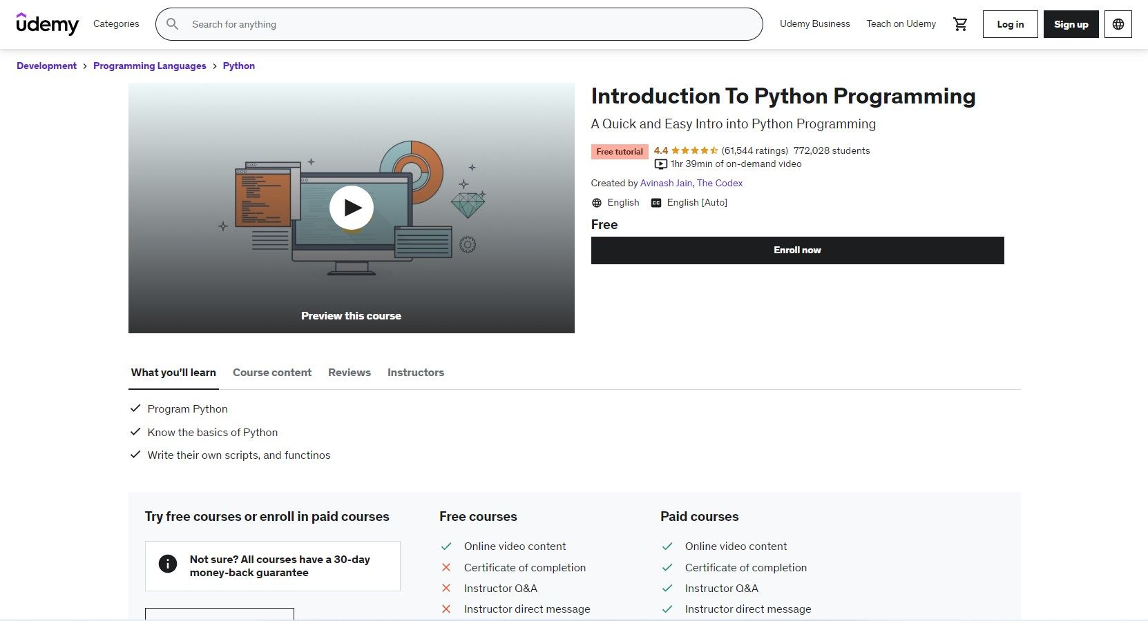 Интерфейс сайта Udemy: подробности курса по Python