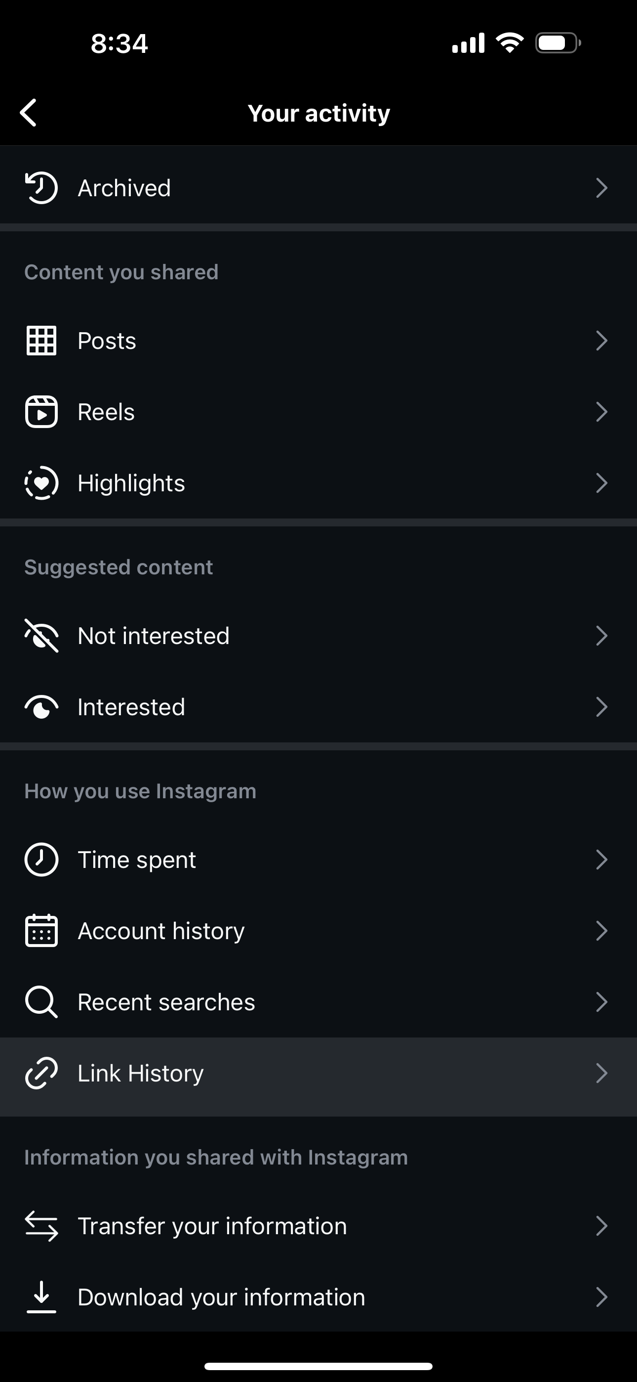 Your activity settings menu in Instagram