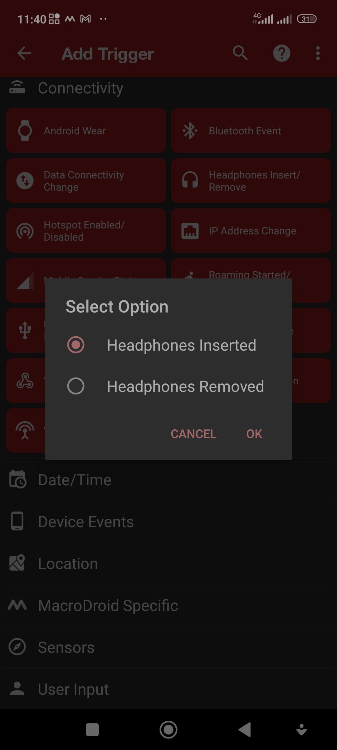 Setting up a headphone detection trigger on MacroDroid