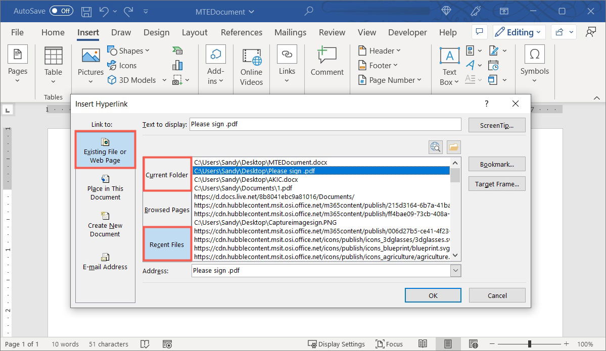 Выбор файла для ссылки в Word
