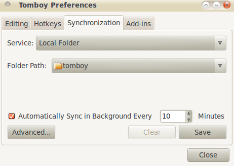 Настройки синхронизации Tomboy с выбором локальной папки