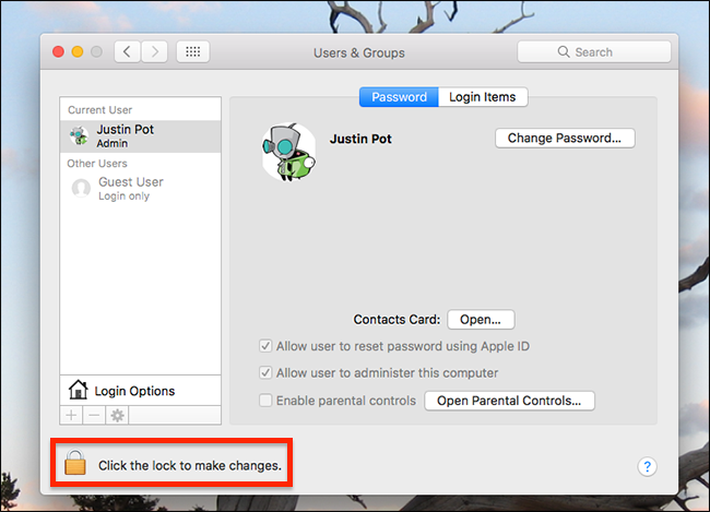 Кнопка замка внизу окна Пользователи и группы для разблокировки настроек