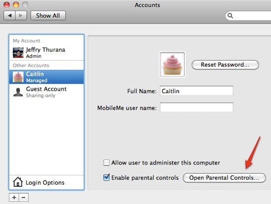 Активная новая учётная запись и интерфейс родительского контроля