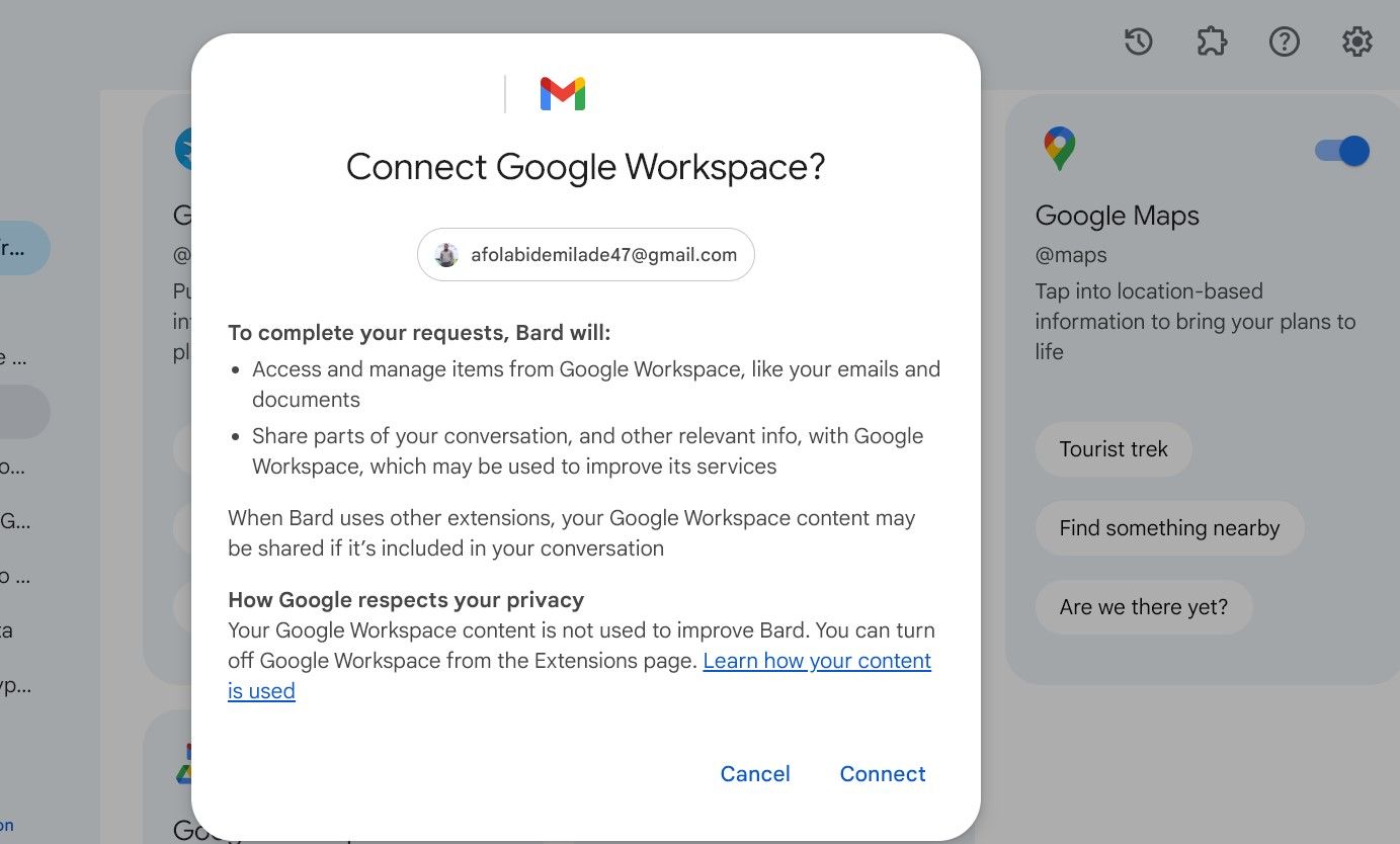 Окно запроса на подключение Google Workspace к Gemini