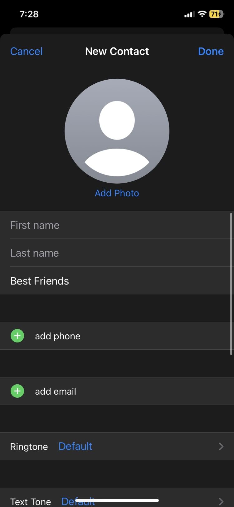 Screenshot of the create new contact page