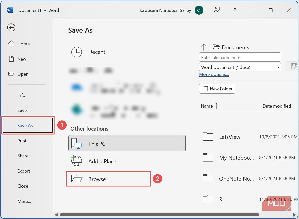 Выбор места для сохранения файла Word