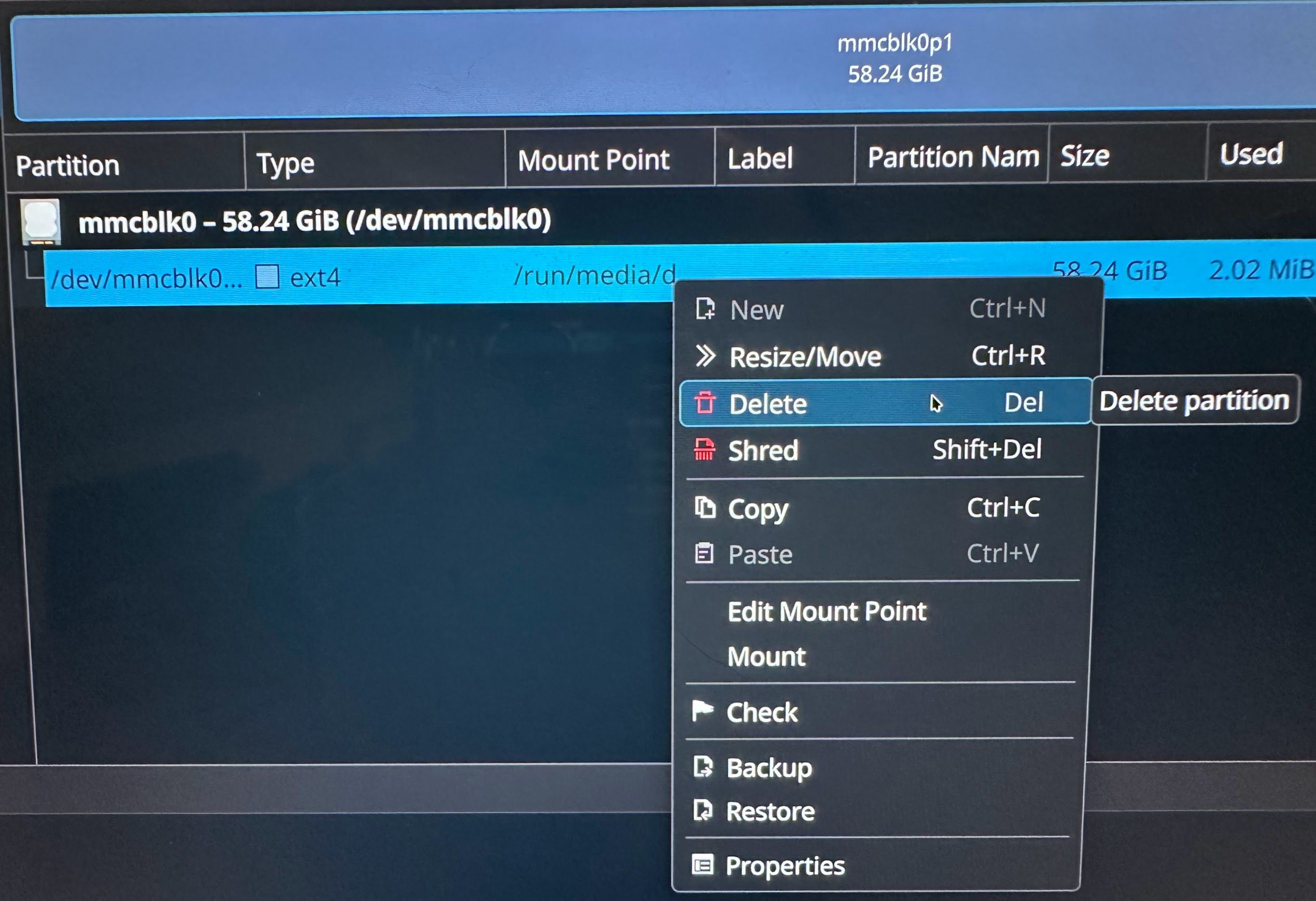 Удаление раздела в KDE.