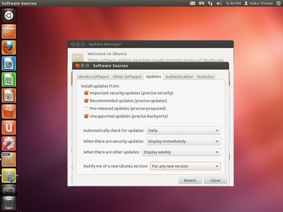 Вкладка Updates: настройка уведомлений о новых версиях Ubuntu