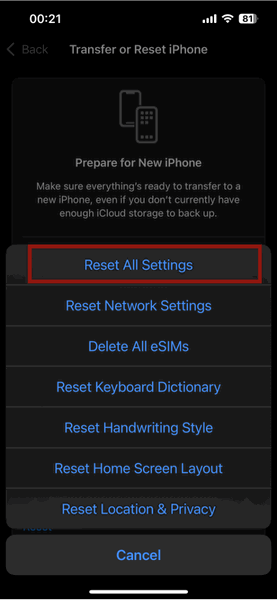 Настройки iPhone Reset All Settings