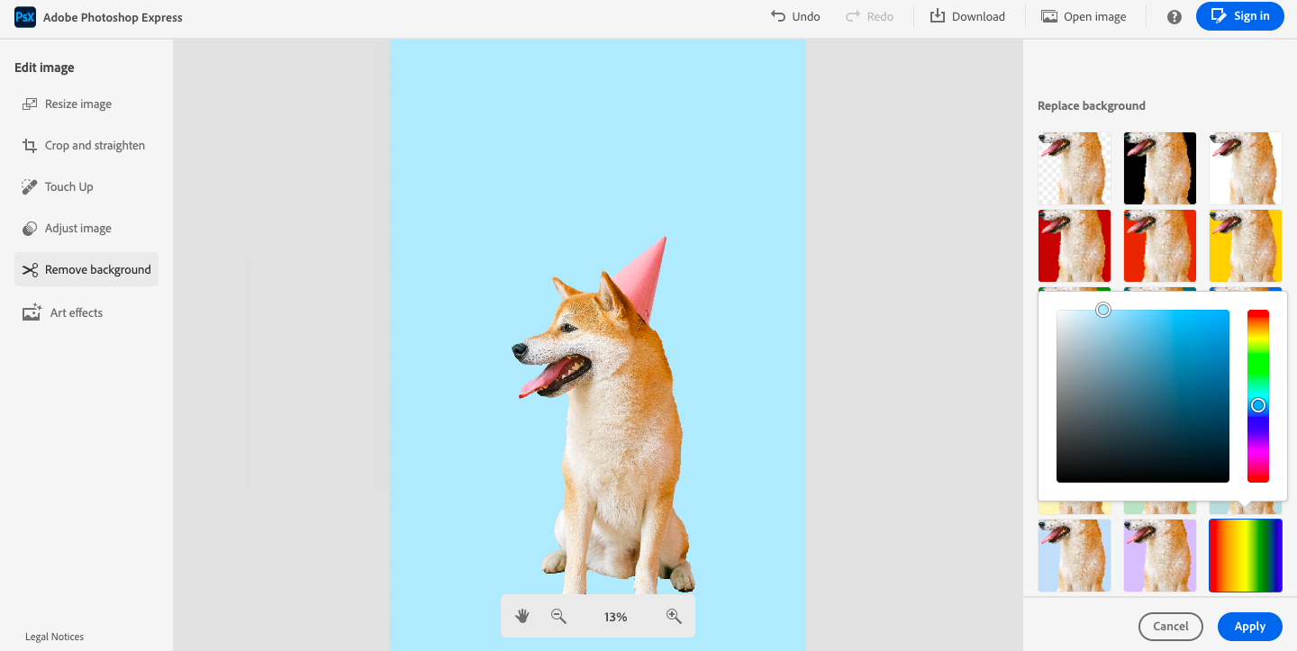 Интерфейс Adobe Photoshop Express — автоматическое удаление фона