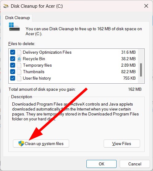 Выбор категорий для удаления в Disk Cleanup