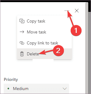 Кнопка удаления в деталях задачи