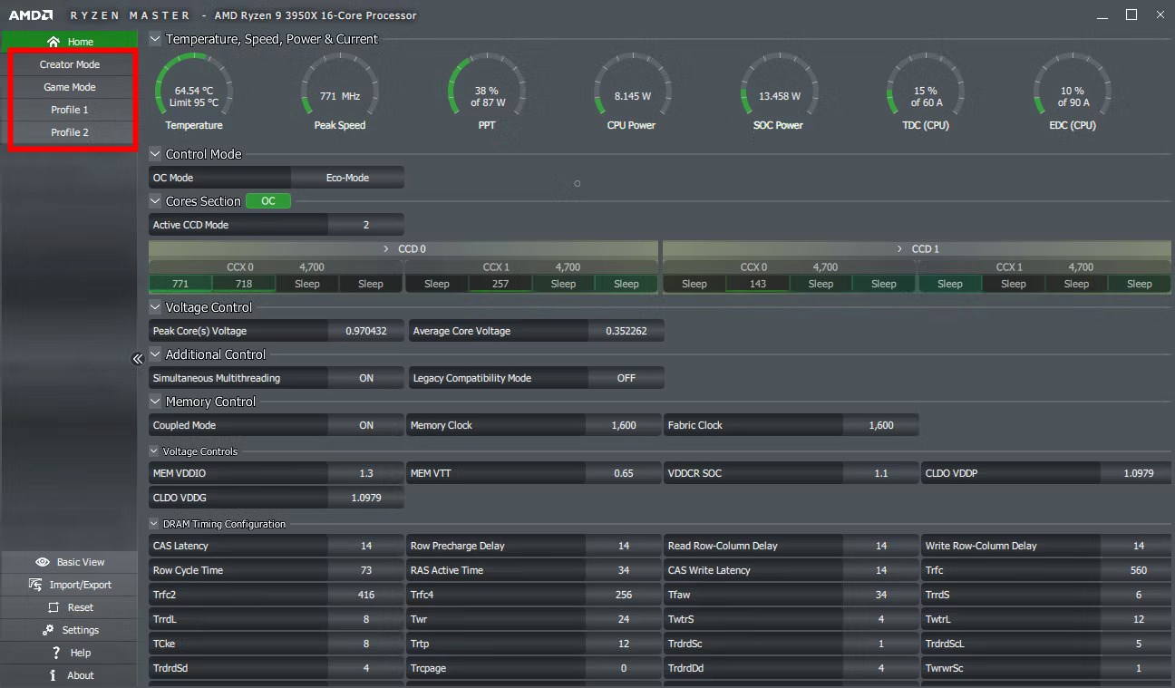 Окно выбора профилей в Ryzen Master
