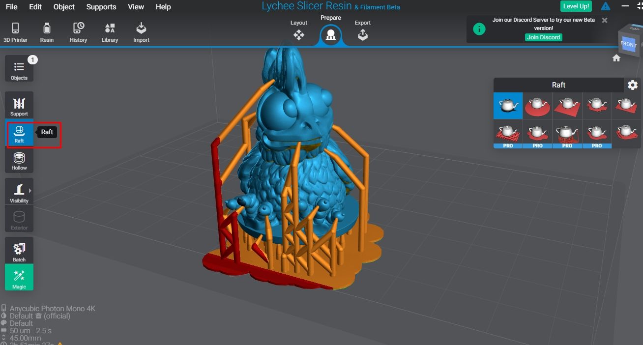 Опция добавления рафтов к 3D-модели в Lychee