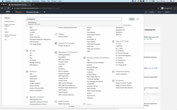 Поиск сервиса WorkSpaces в консоли AWS