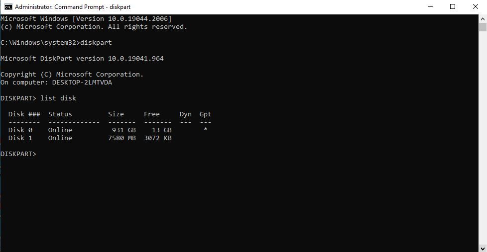 Командная строка Windows с командами diskpart