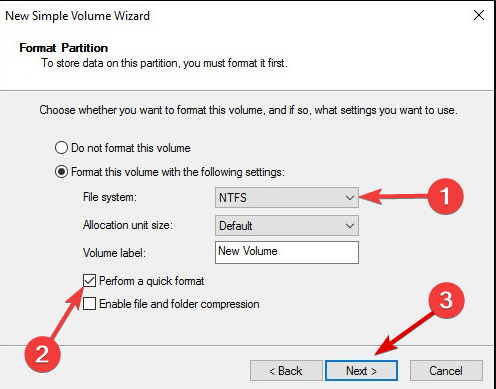Окно создания нового простого тома и форматирования
