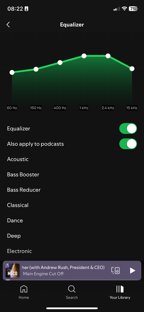 The Spotify app on an iPhone, where a user is selecting an equalizer setting