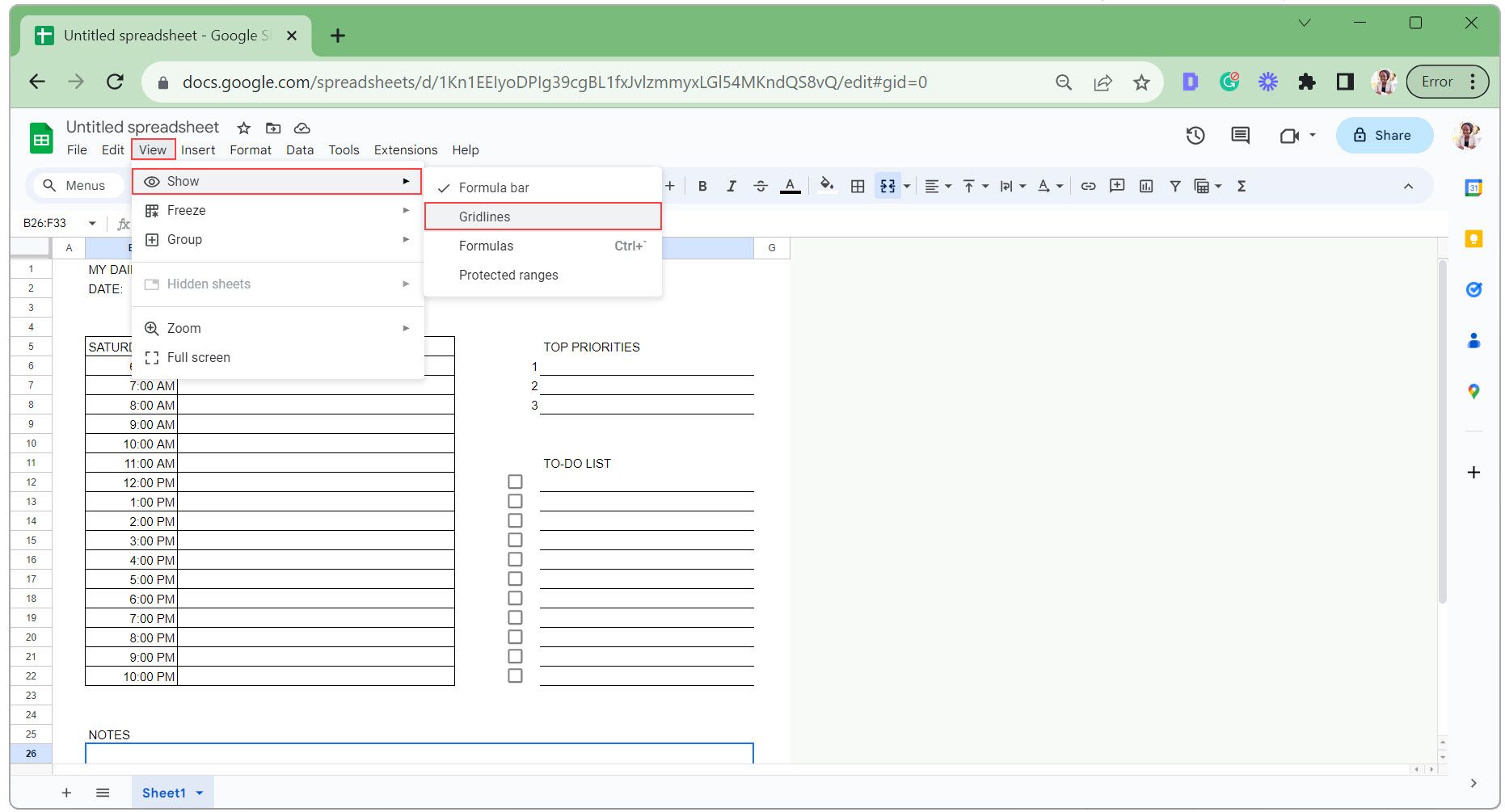 Скрыть линии сетки в Google Sheets