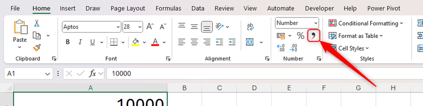 Icona Virgola nel gruppo Numero della scheda Home della barra multifunzione di Excel.