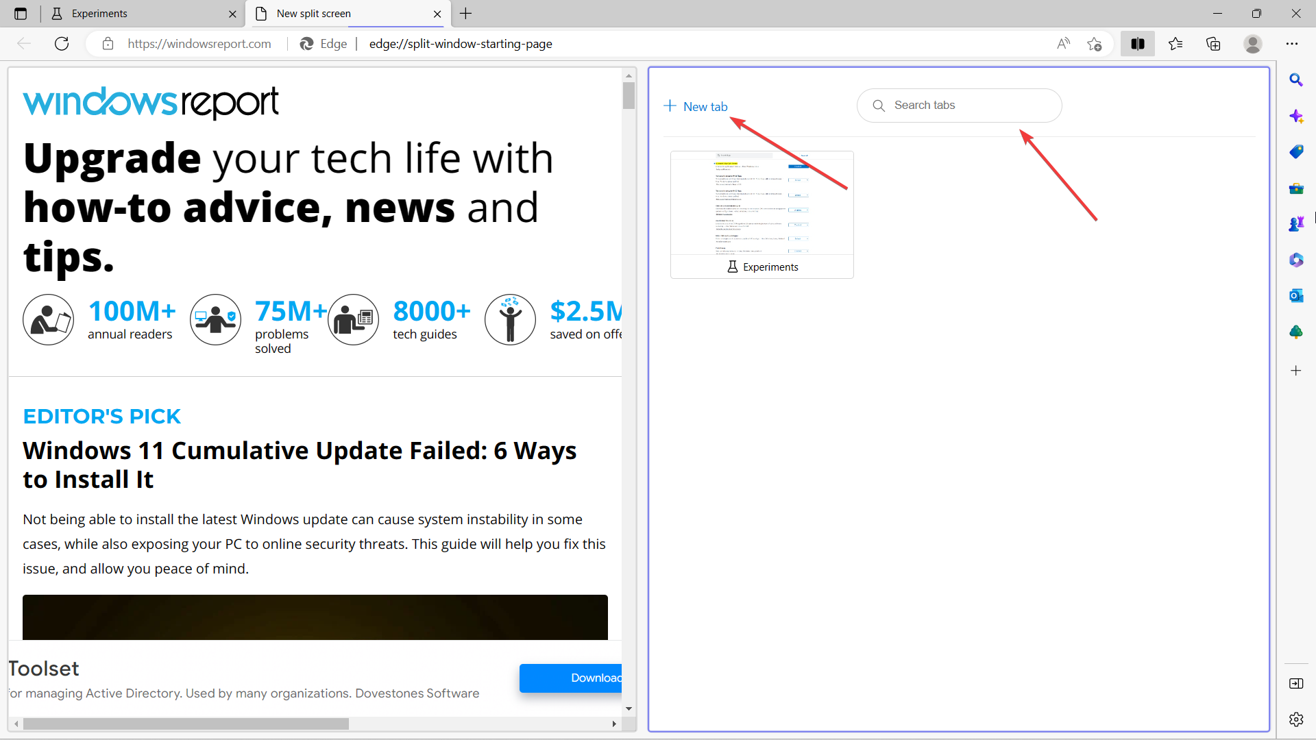 Пример того, как выбирать вкладки и открывать вторую страницу для разделённого просмотра