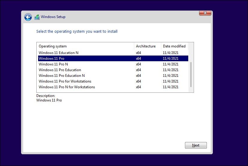 Экран установки Windows 11 с выбором редакции