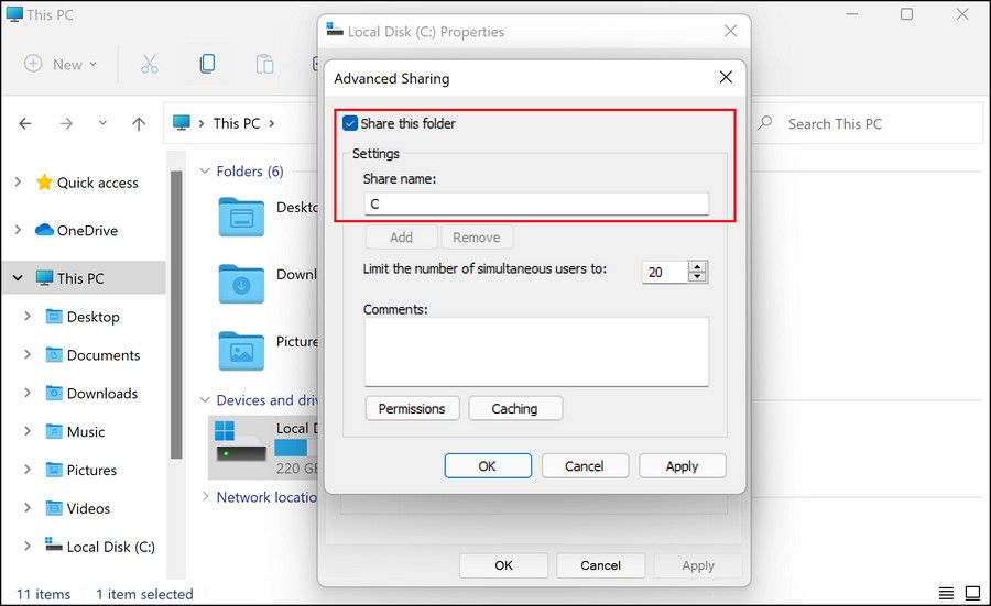 Указание имени папки при расшаривании