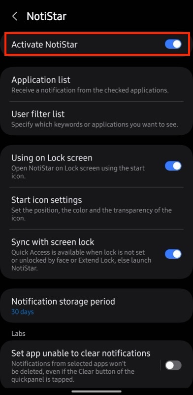 Включение модуля NotiStar на телефоне Samsung