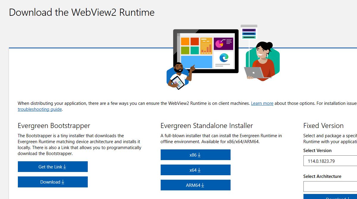 Скриншот страницы разработчика Microsoft Edge с опциями загрузки WebView2 Runtime