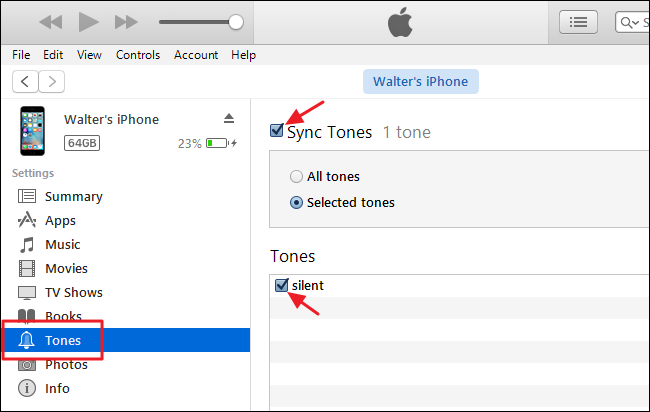 Выбор синхронизации мелодий в iTunes