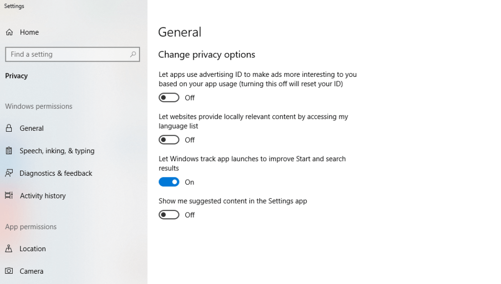 Отключение рекламного идентификатора в настройках конфиденциальности Windows 10