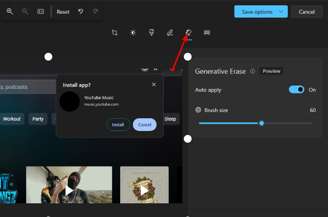 Панель Generative Erase справа от изображения с параметрами кисти