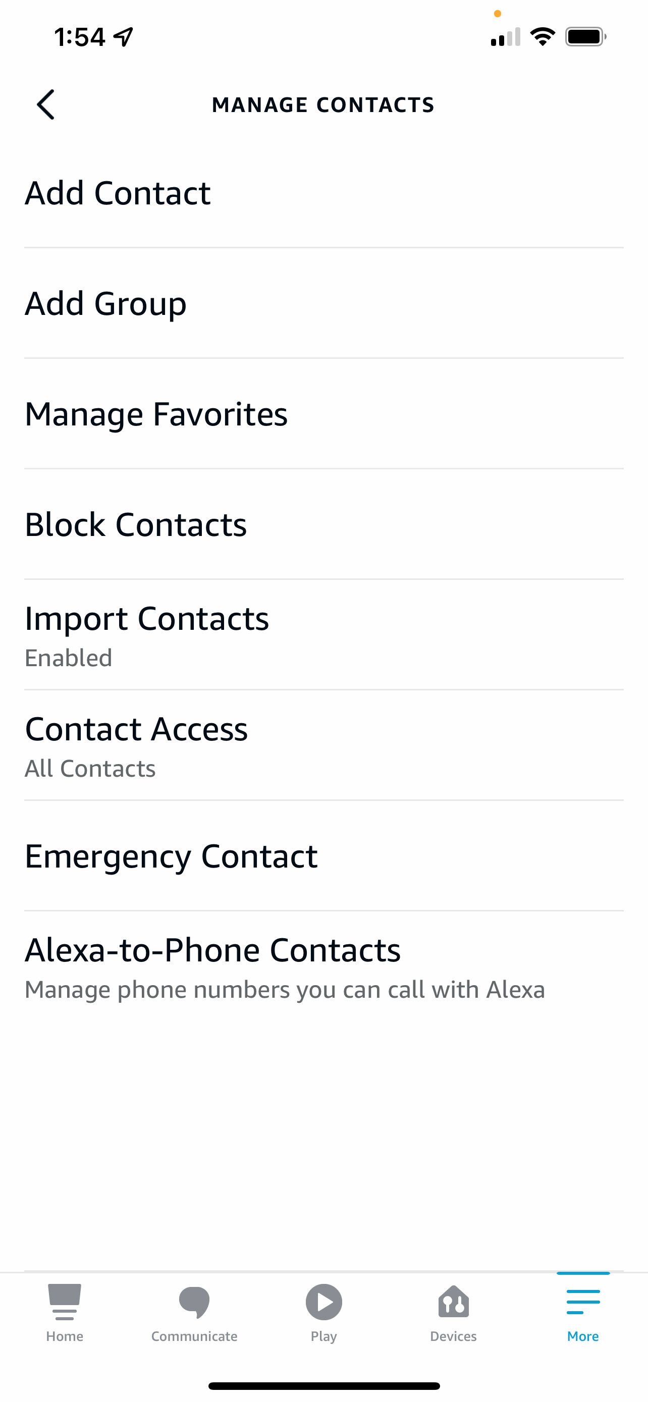 Manage contacts menu item in Alexa app for Echo Show