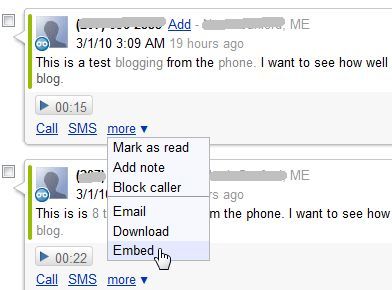 Скриншот интерфейса Google Voice со списком сообщений