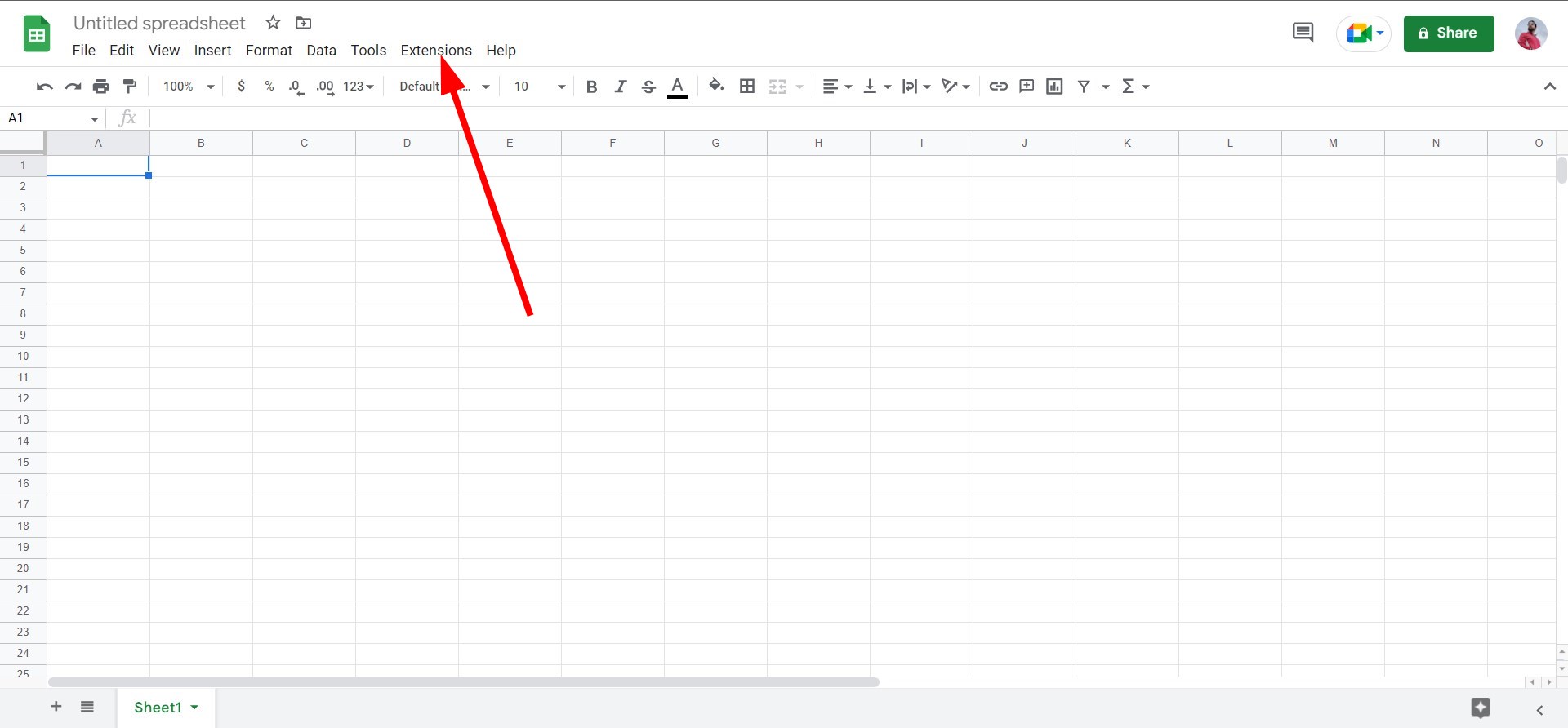 Меню «Extensions» в Google Sheets