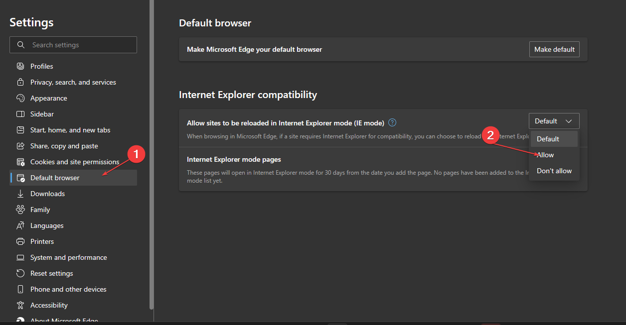 Параметр совместимости Internet Explorer в настройках Microsoft Edge