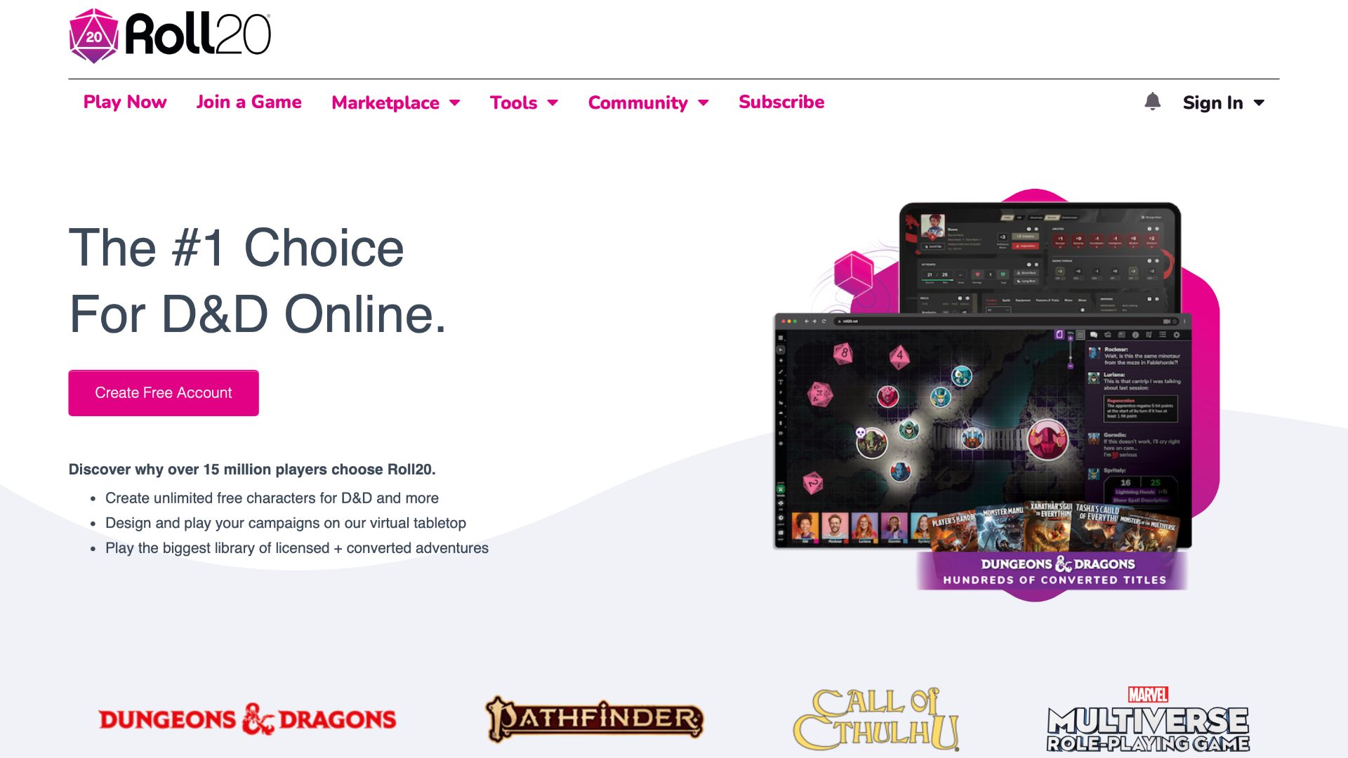 Скриншот главной страницы Roll20
