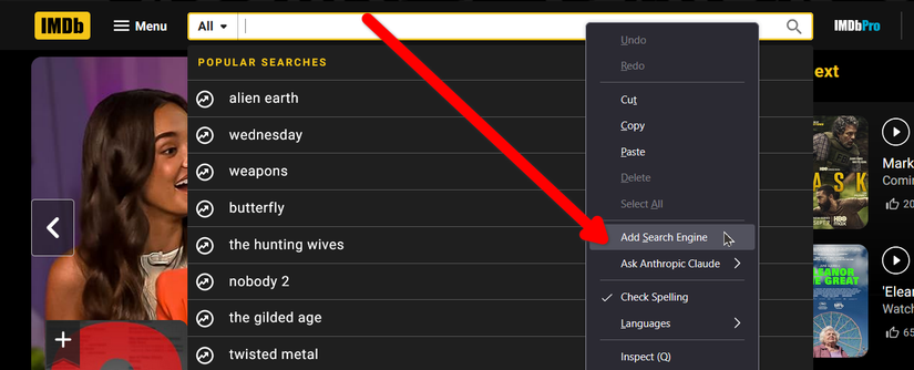 Добавление поисковой системы через контекстное меню поля поиска на сайте
