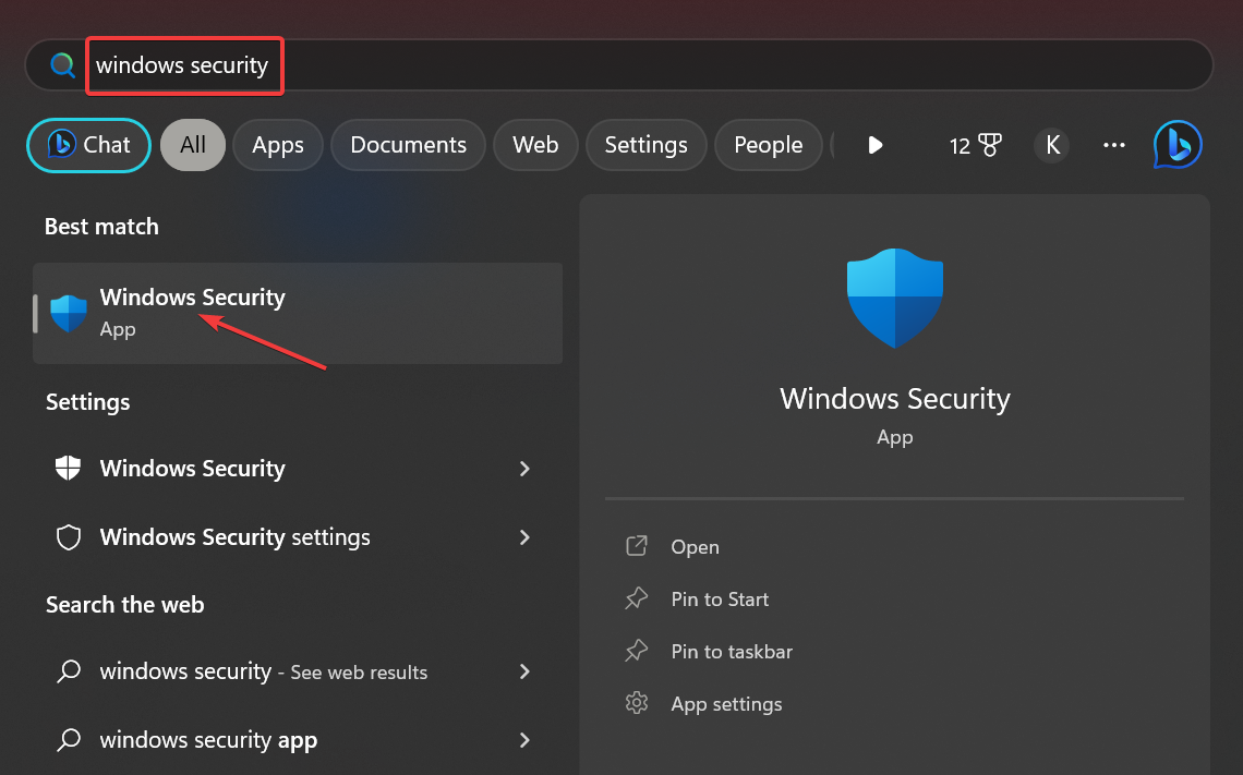 Окно Windows Security — поиск приложения Безопасность Windows