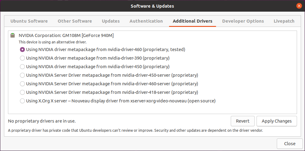 Вкладка Дополнительные драйверы — выбранный драйвер Nvidia (проприетарный, протестировано)