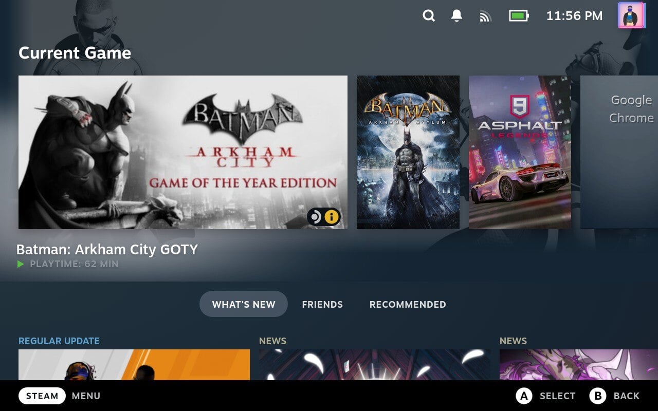Главный экран Steam Deck с библиотекой игр