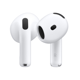 Крупный план AirPods 4 с активным шумоподавлением на белом фоне.