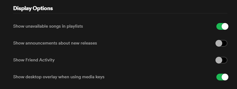Параметр Spotify 'Show desktop overlay when using media keys' в настройках
