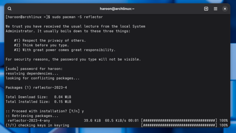 Установка reflector в Arch Linux