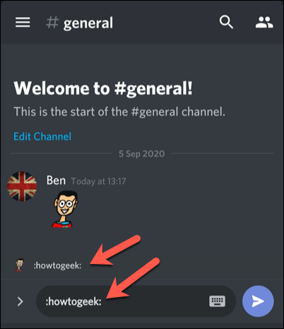 Алиас кастомного эмодзи в мобильном приложении Discord.