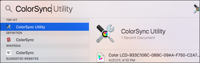 Открытое приложение ColorSync Utility с иконками