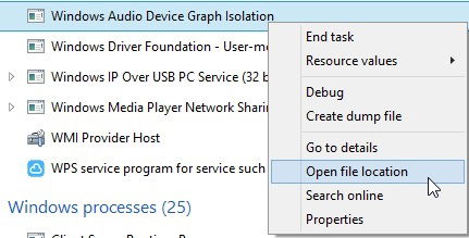 Открыть расположение файла Windows Audio Device Graph Isolation