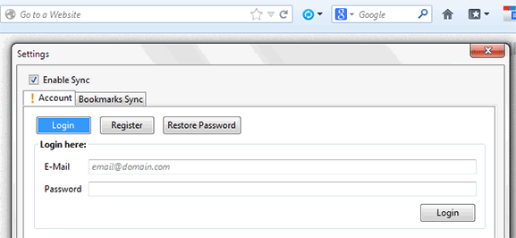 Diálogo de registro de EverSync en Firefox